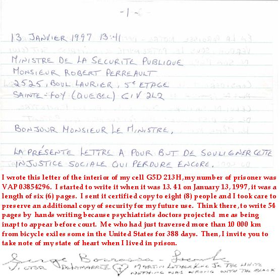 Prison Letter Public Security Minister Quebec 970113