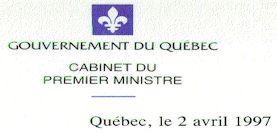 Gouvernement du Qu�bec - Cabinet du Premier Ministre - 02 avril 1997