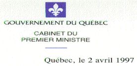 Gouvernement du Qubec - Cabinet du Premier Ministre - 02 avril 1997