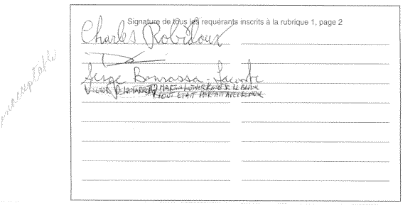 Signature de tous les r�qu�rants � la rubrique 1, page 2 : Serge Joseph Adrien Bourassa-Lacombe, Daniel Cormier, Charles Robidoux !